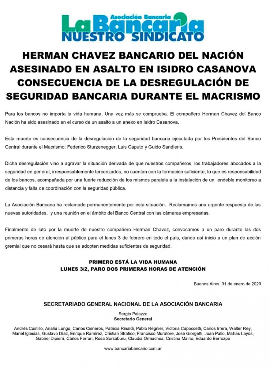 Por el asesinato de un cajero, los bancarios de todo el país pararán dos horas el lunes