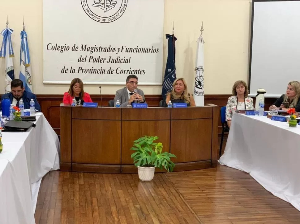 EN LA DELIBERACIÓN. Ariza, presidente de la FAM, habla en la reunión de directivos celebrada ayer en Corrientes: a su lado están las vicepresidentas Ruiz, de Tucumán, (der.) y López. prensa fam