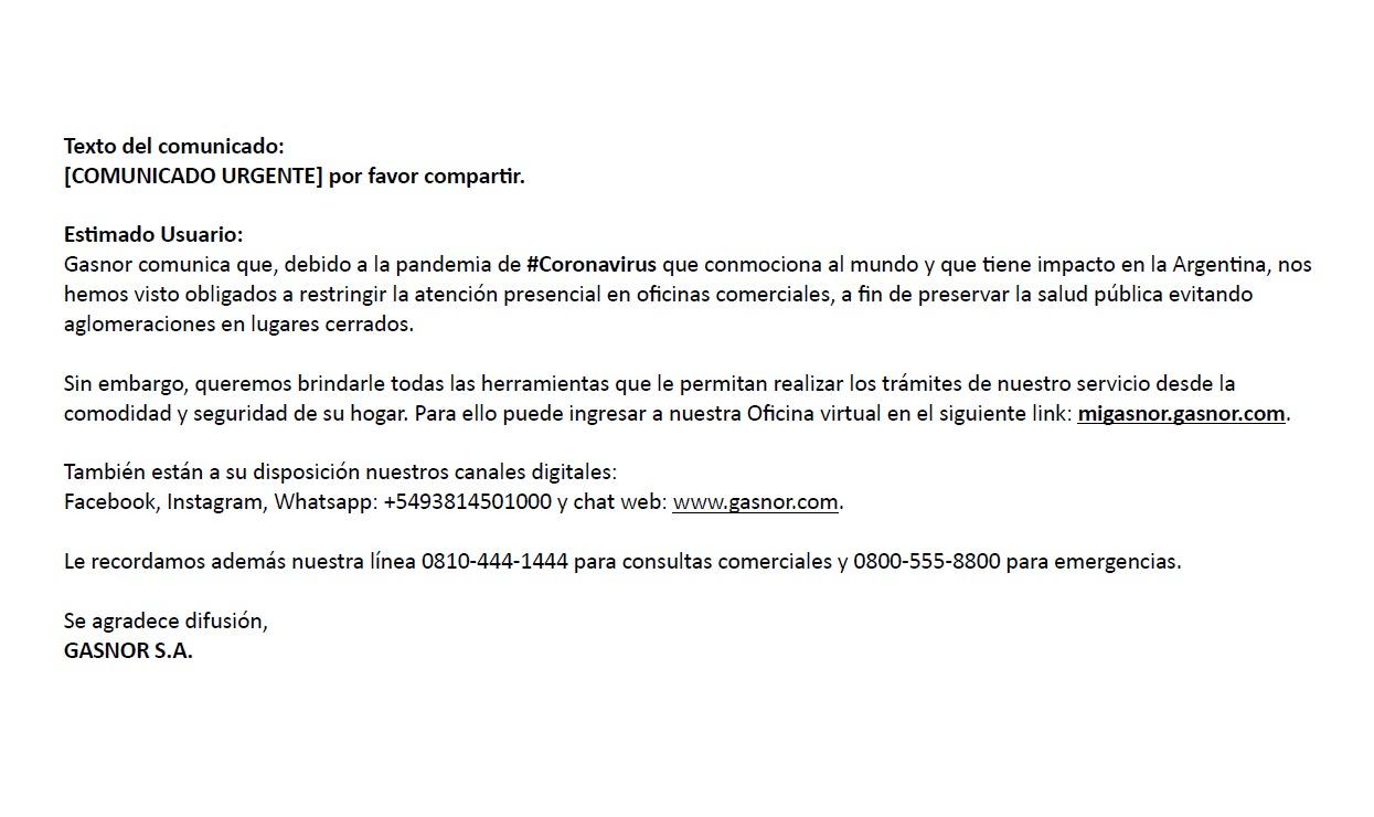 Gasnor anunció que restringe la atención presencial en sus oficinas