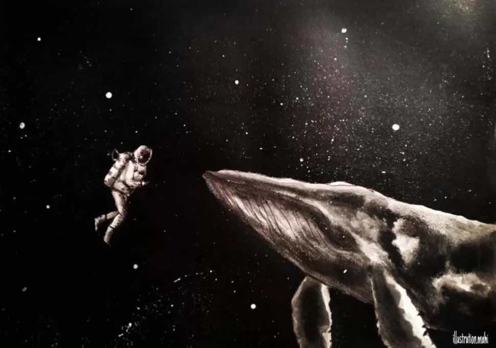 EL ASTRONAUTA Y LA BALLENA. La artista se da el lujo de jugar con los espacios naturales y sus criaturas. 