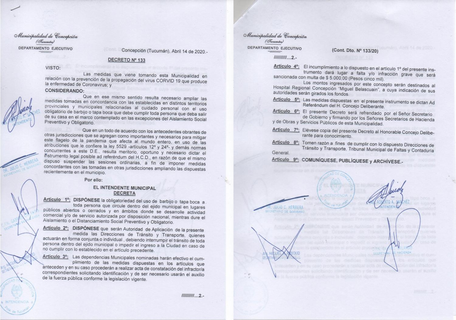 El decreto del intendente Roberto Sánchez.