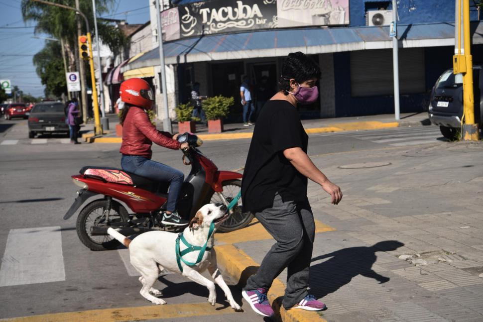 COMPAÑÍA CANINA. Con barbijo, paseando el perro.