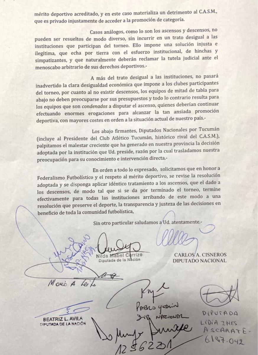 SEGUNDA CARILLA. El texto enviado por diputados tucumanos a la AFA.