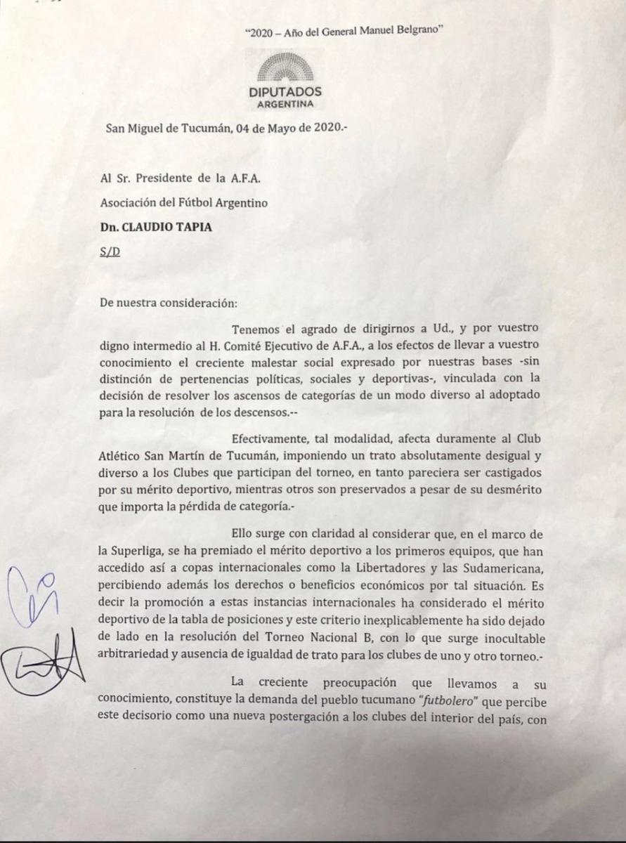 PRIMERA CARILLA. El texto que enviaron los diputados a Tapia.