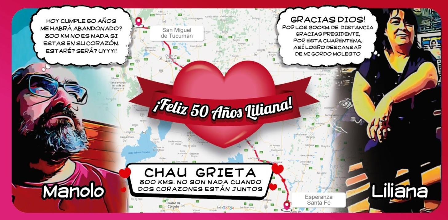 Amor y humor: pegó afiches para saludar a su esposa, que cumplió 50 años y está lejos