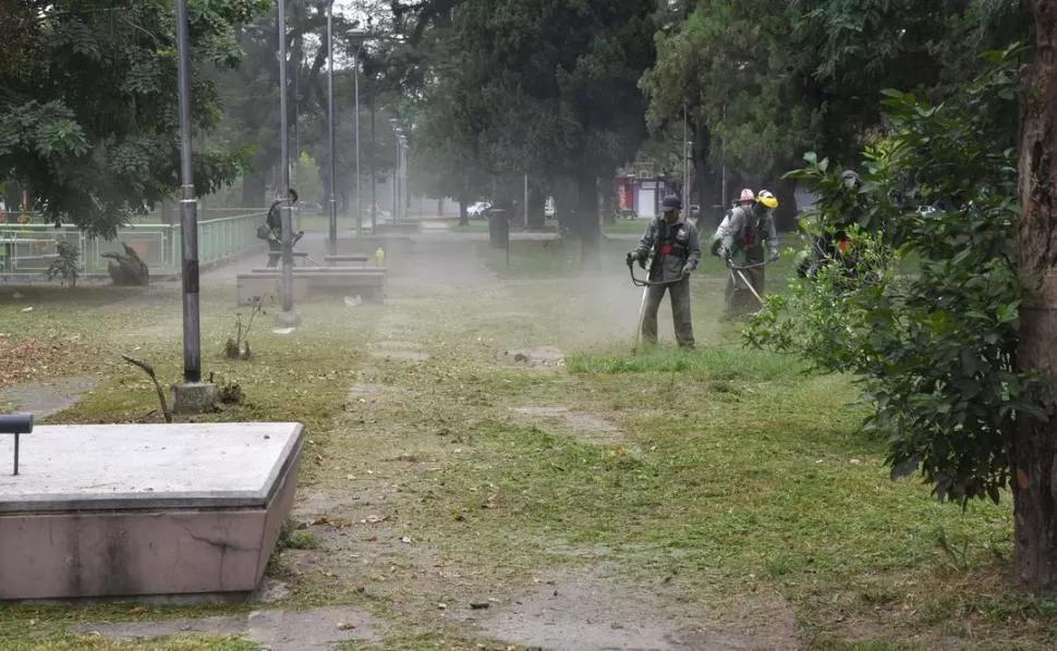 VILLA LUJÁN. Operarios municipales desmalezan la plaza. 