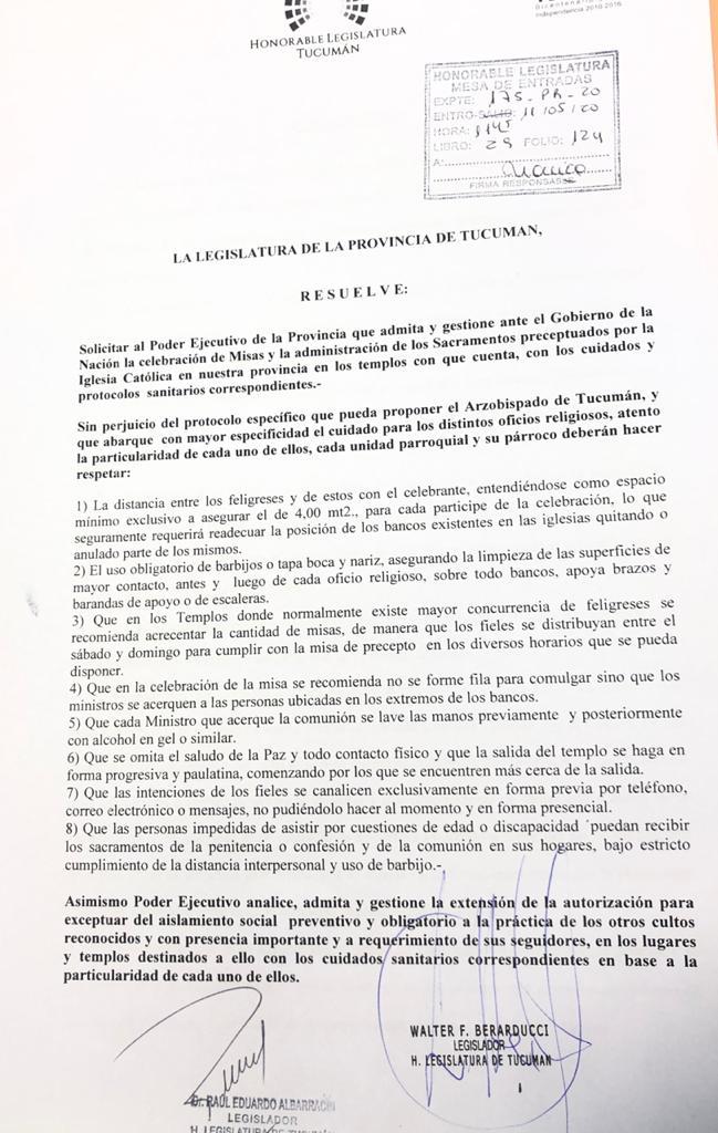 Cómo podría ser el protocolo para la vuelta de las misas en Tucumán