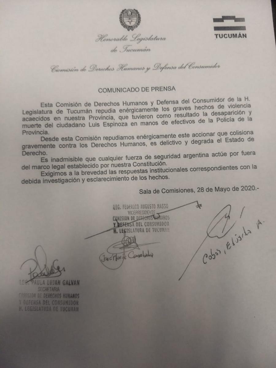 El comunicado de la comisión de DDHH.