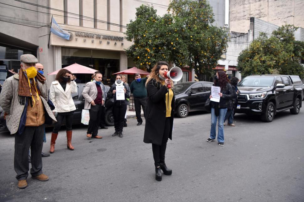 A LAS PUERTAS DEL COLEGIO DE ABOGADOS. La profesional Romina Simón habla por el megáfono ayer. la gaceta / foto de inés quinteros orio 