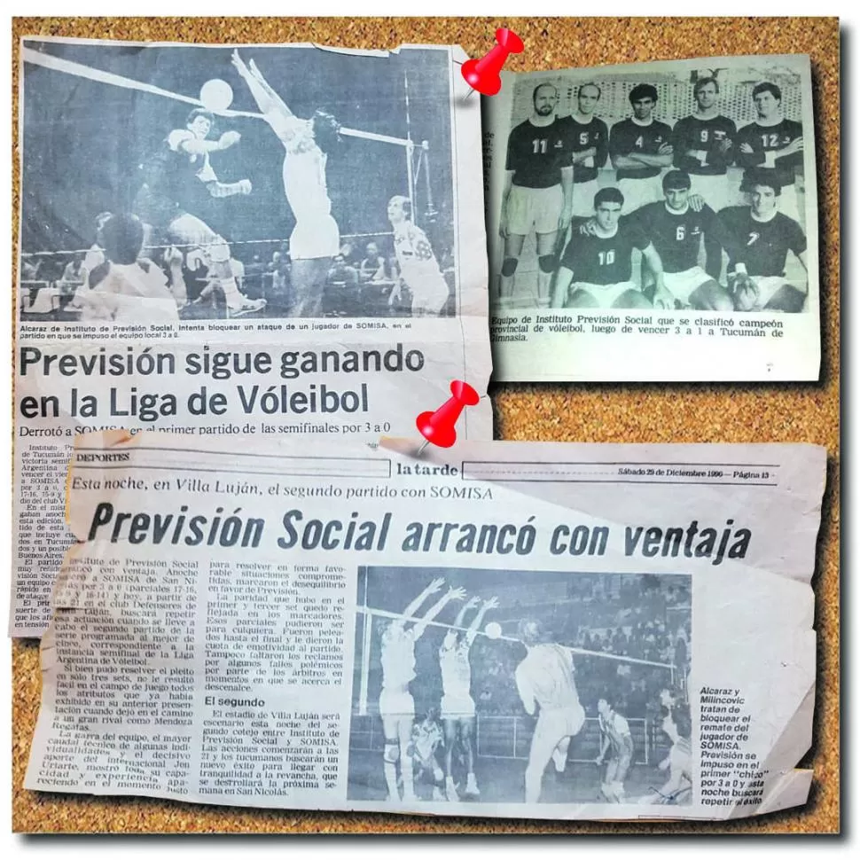 RECUERDOS. Arriba, Marcelo Alcaraz se eleva en el ataque. Abajo, Marcos Milinkovic y Alcaraz bloquean. Ambas son de la semifinal ante Somisa. También, el plantel campeón del torneo local. 