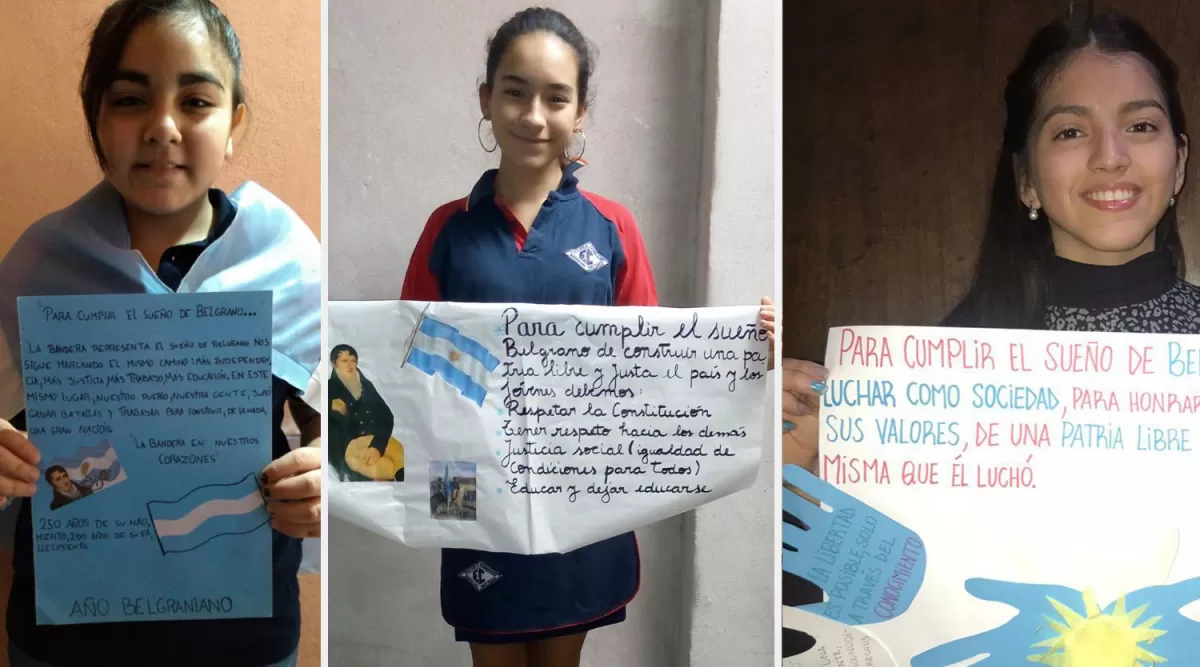 CHICOS DE LA ESCUELA DE COMERCIO DE BANDA DEL RIO SALÍ. Resaltan pensamientos de Belgrano (de izquierda a derecha) Milagro Cáceres, Agustina Medina, Rocío Vega, Ezequiel Ruiz, Rocío Uncos, Luis Santiago Galiano, Melina Escobar y Ruth Acosta.