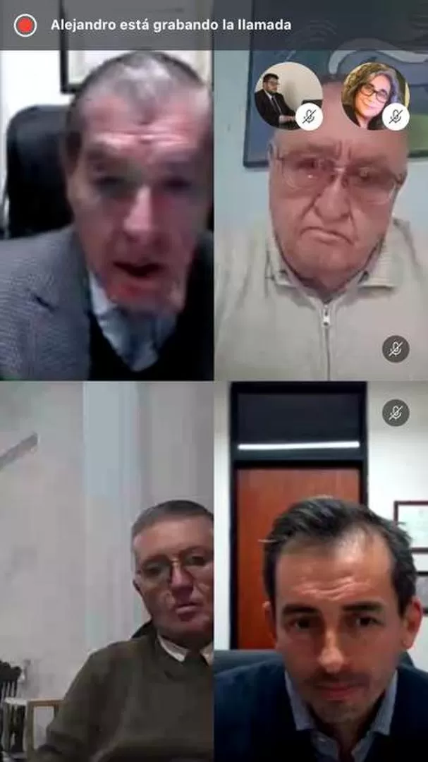 AUDIENCIA POR SKYPE. El juez Guillermo Acosta, el defensor Pedro Brito, el querellante Julio César Herrera y el fiscal Mariano Fernández. 