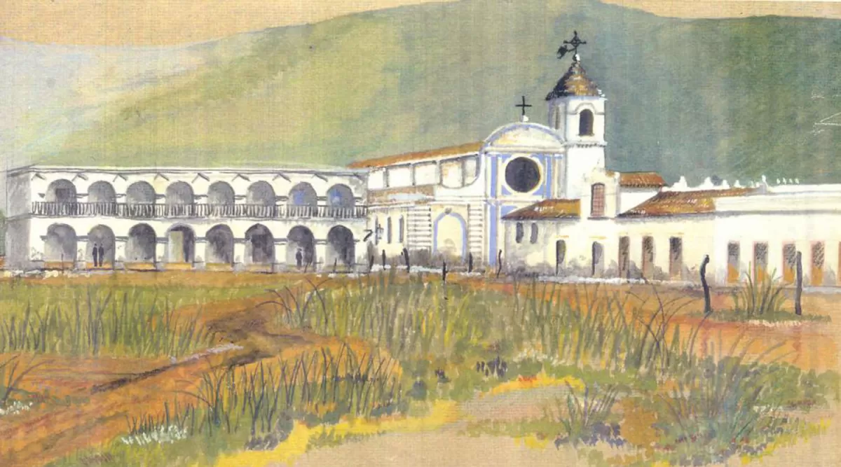 TUCUMÁN EN 1816. La plaza, con el Cabildo y la iglesia de San Francisco, reconstruidos en una témpera de Dante Rizzoli.