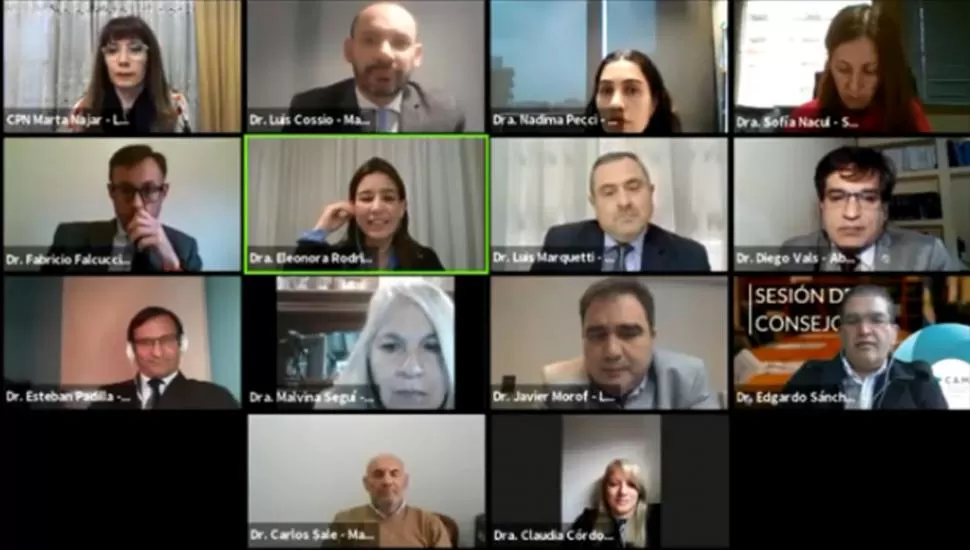 LOS CONSEJEROS EN UNA SESIÓN VIRTUAL. De derecha a izquierda y de arriba para abajo: Marta Najar; Luis Cossio; Nadima Pecci; los secretarios Sofía Nacul y Fabricio Falcucci; Eleonora Rodríguez Campos; Luis Marquetti; Diego Vals; Esteban Padilla; Malvina Seguí; Javier Morof; Edgardo Sánchez; Carlos Sale y Claudia Córdoba.  