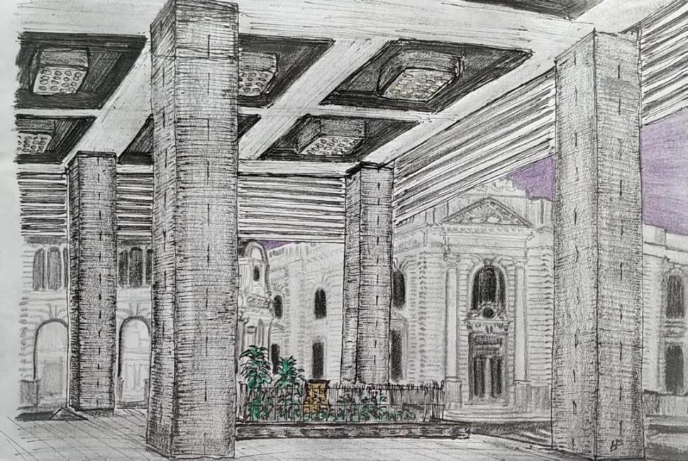 PUNTO CÉNTRICO. Desde el ingreso al Banco Nación, Hernán Silva registra la esquina de San Martín y Maipú. 