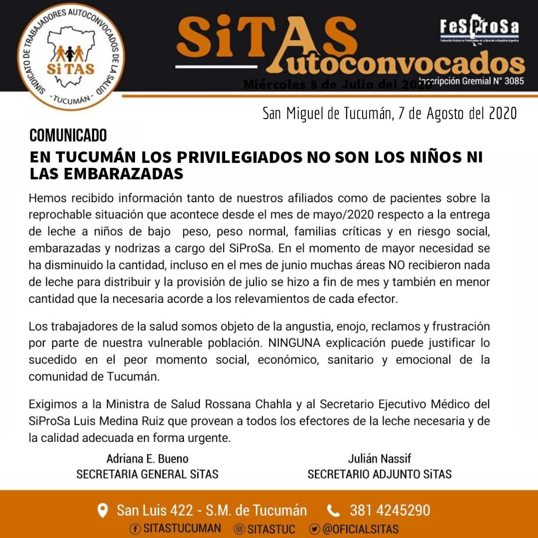 Sitas denuncia faltante de leche en los hospitales de Tucumán