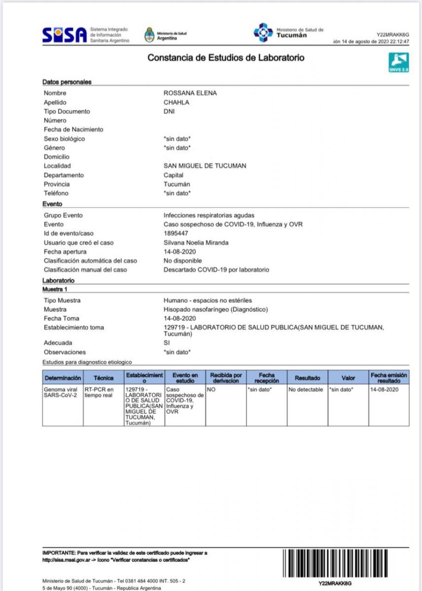 RESULTADO. El estudio que se realizó la ministra Chahla dio negativo para covid-19. Foto: Twitter @RossanaChahla