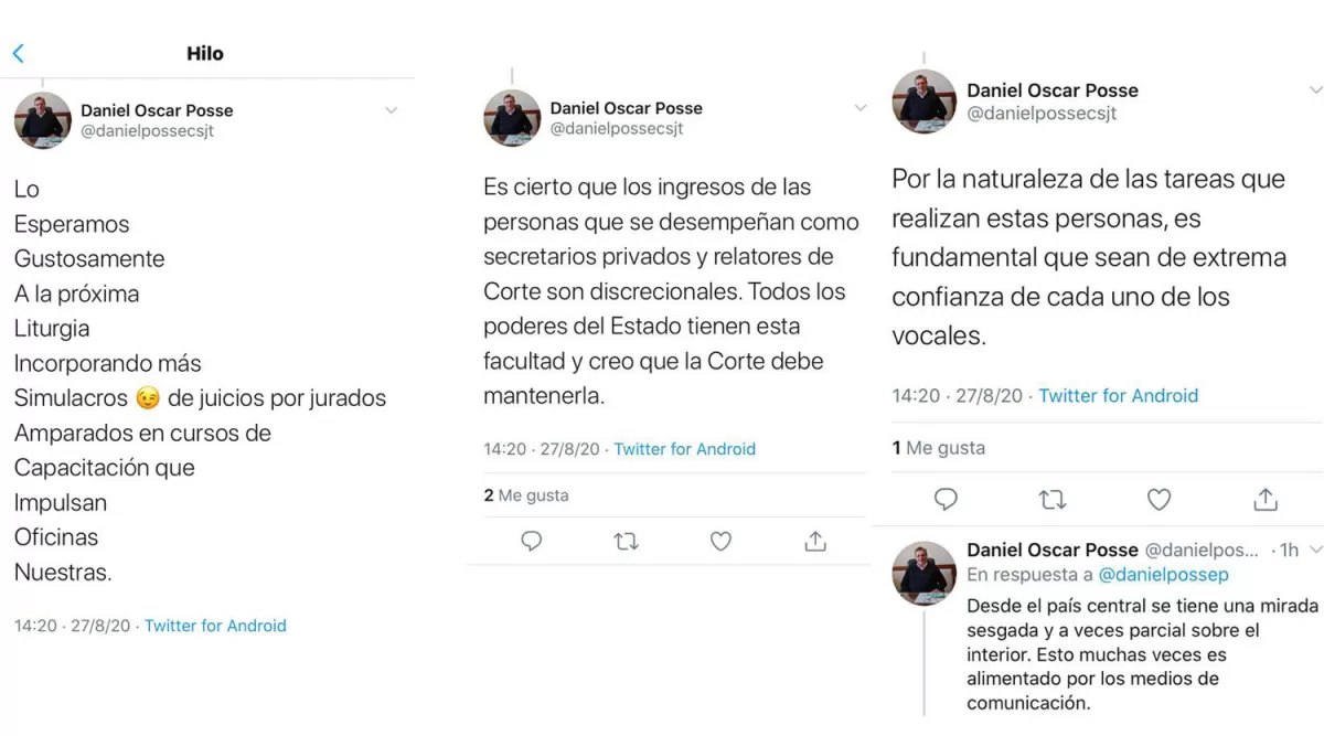 PRIMEROS TUITS DEL VOCAL. Capturas de pantalla del acróstico y de la defensa de las designaciones discrecionales. 