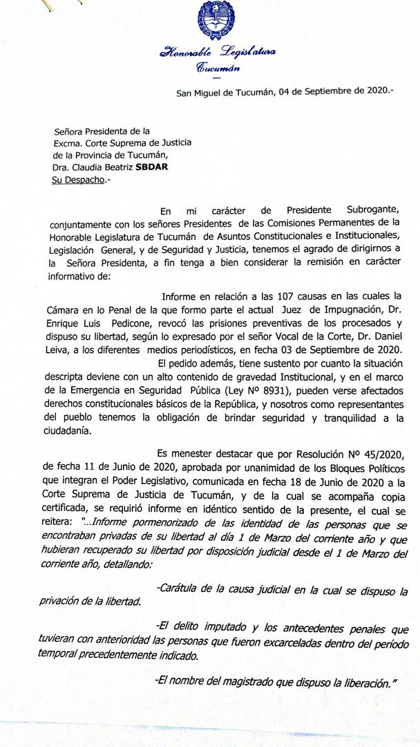 SOLICITUD DE INFORMES. El requerimiento del Poder Legislativo fue firmado por Regino Amado, presidente subrogante del cuerpo, y por los titulares de tres comisiones. 