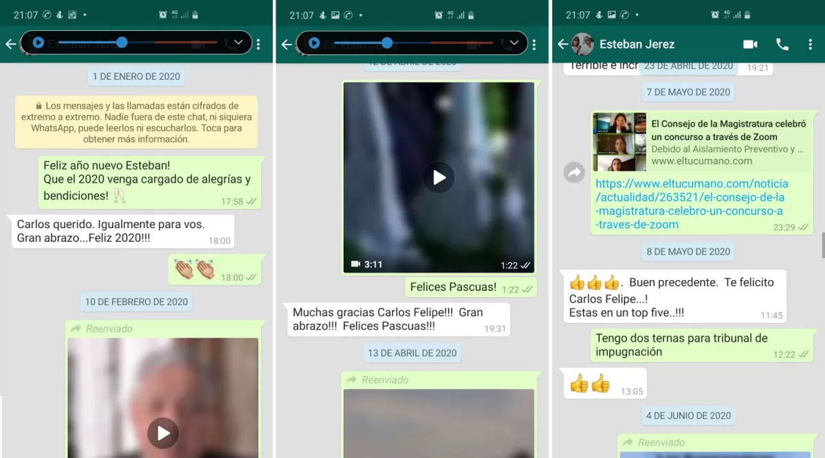 COMUNICACIONES. Díaz Lannes envió a LA GACETA estas capturas de pantalla. Sostiene que “tenía una relación amistosa y de respeto” con el ex fiscal Anticorrupción. Y que sólo conversó sobre los concursos en los que había participado. 