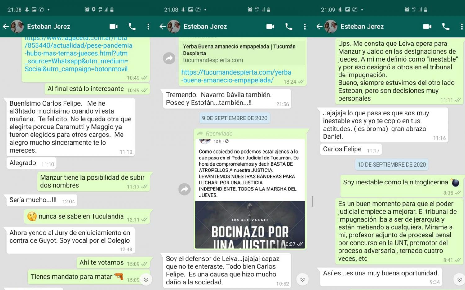 COMUNICACIONES. Díaz Lannes envió a LA GACETA estas capturas de pantalla. Sostiene que “tenía una relación amistosa y de respeto” con el ex fiscal Anticorrupción. Y que sólo conversó sobre los concursos en los que había participado. 