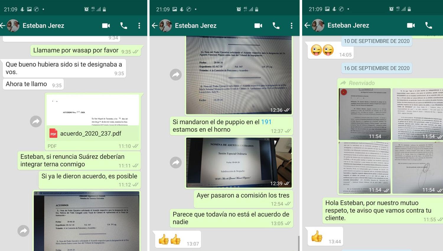 COMUNICACIONES. Díaz Lannes envió a LA GACETA estas capturas de pantalla. Sostiene que “tenía una relación amistosa y de respeto” con el ex fiscal Anticorrupción. Y que sólo conversó sobre los concursos en los que había participado. 