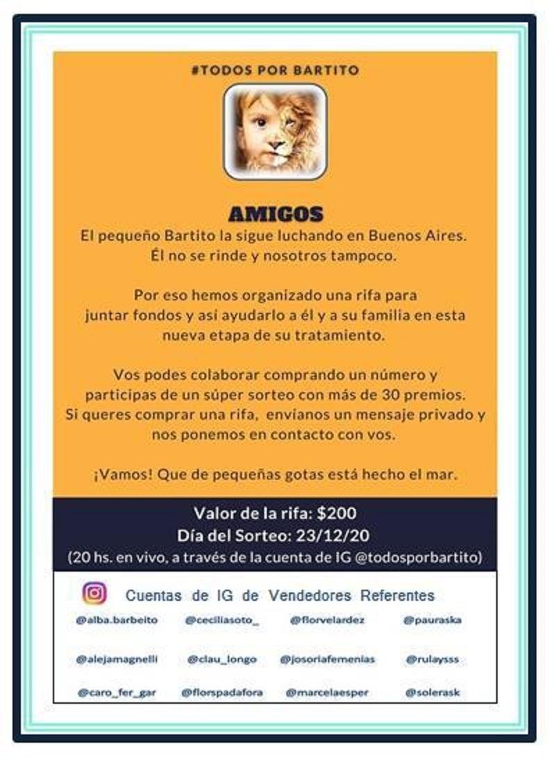 #TodosPorBartito: más de 30 emprendedores se unen para colaborar con el tratamiento de un niño tucumano