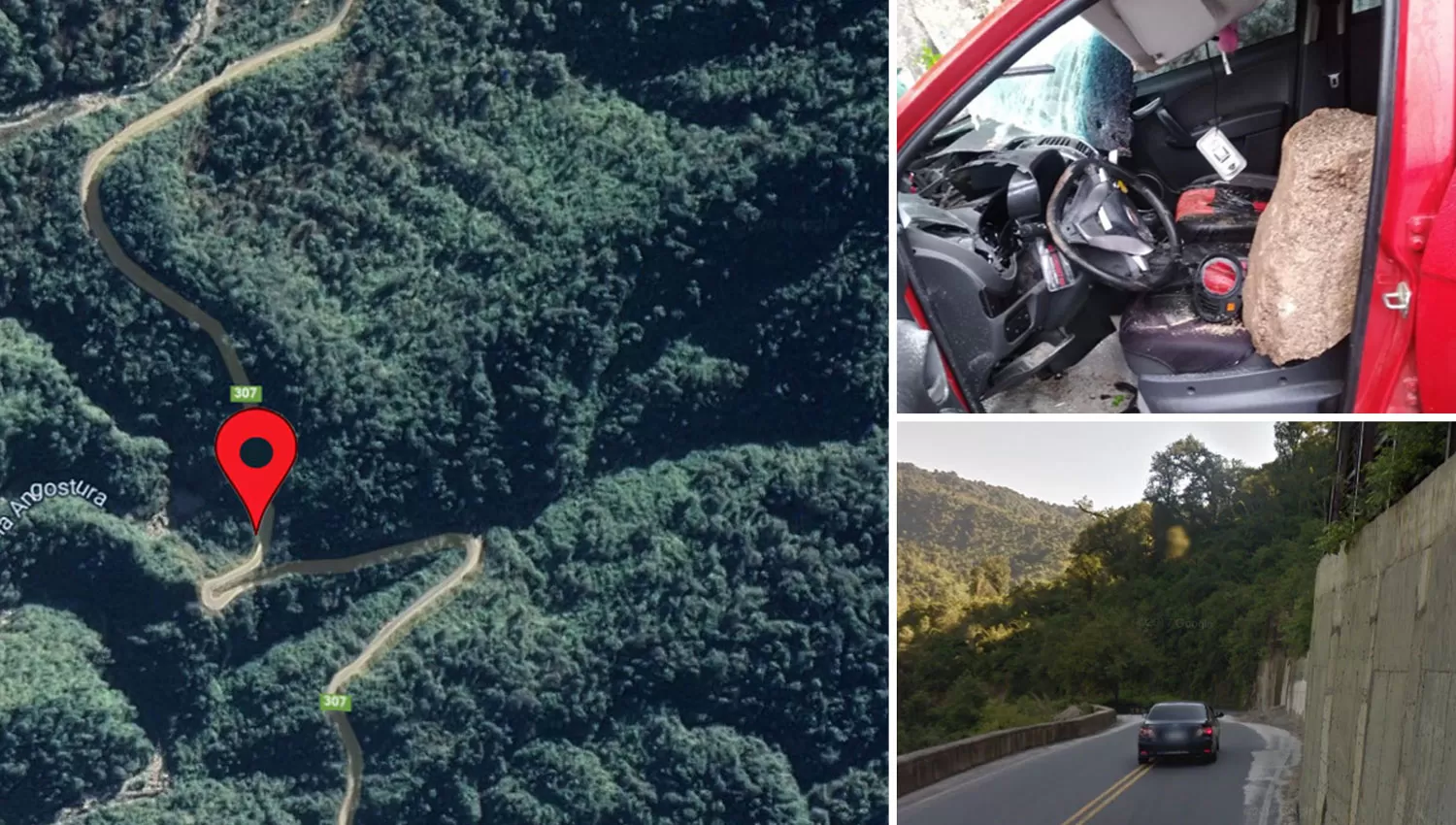 DERRUMBE. Una roca cayó ayer sobre el auto de Gladys Valdez, que subía por la ruta 307.