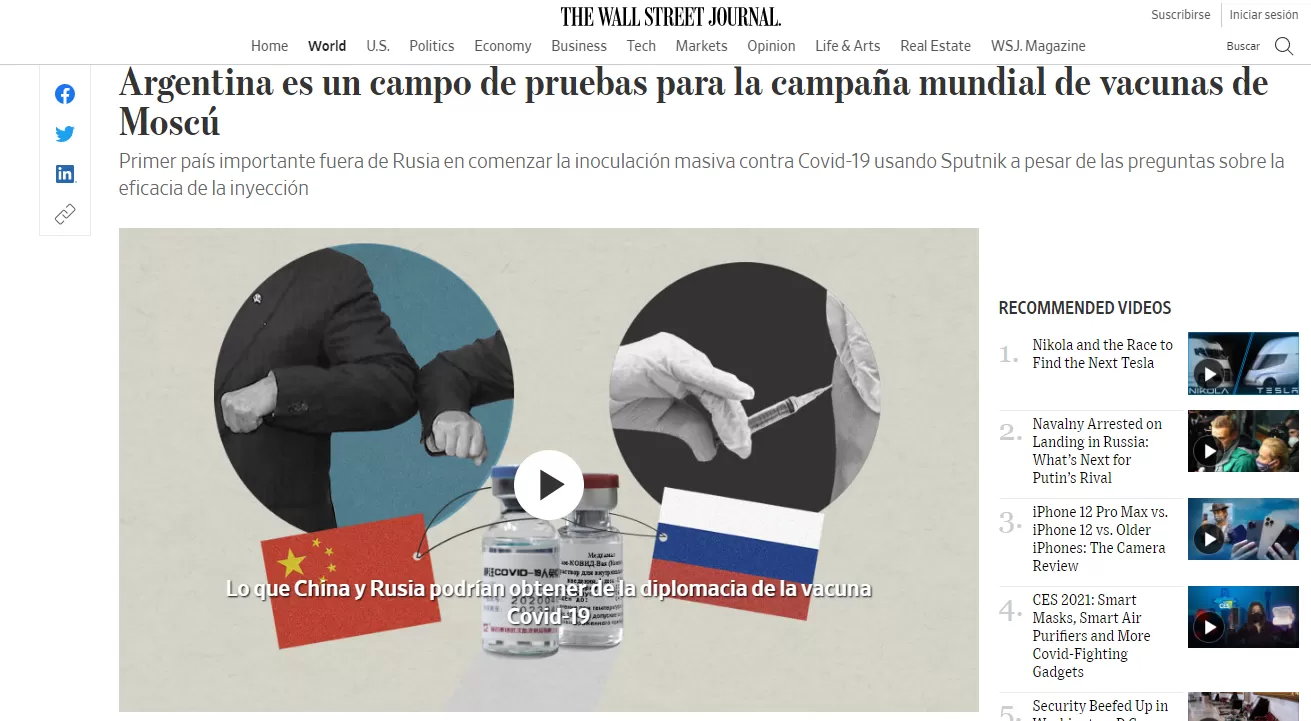 Para The Wall Street Journal, Argentina es un campo de pruebas de la vacuna rusa