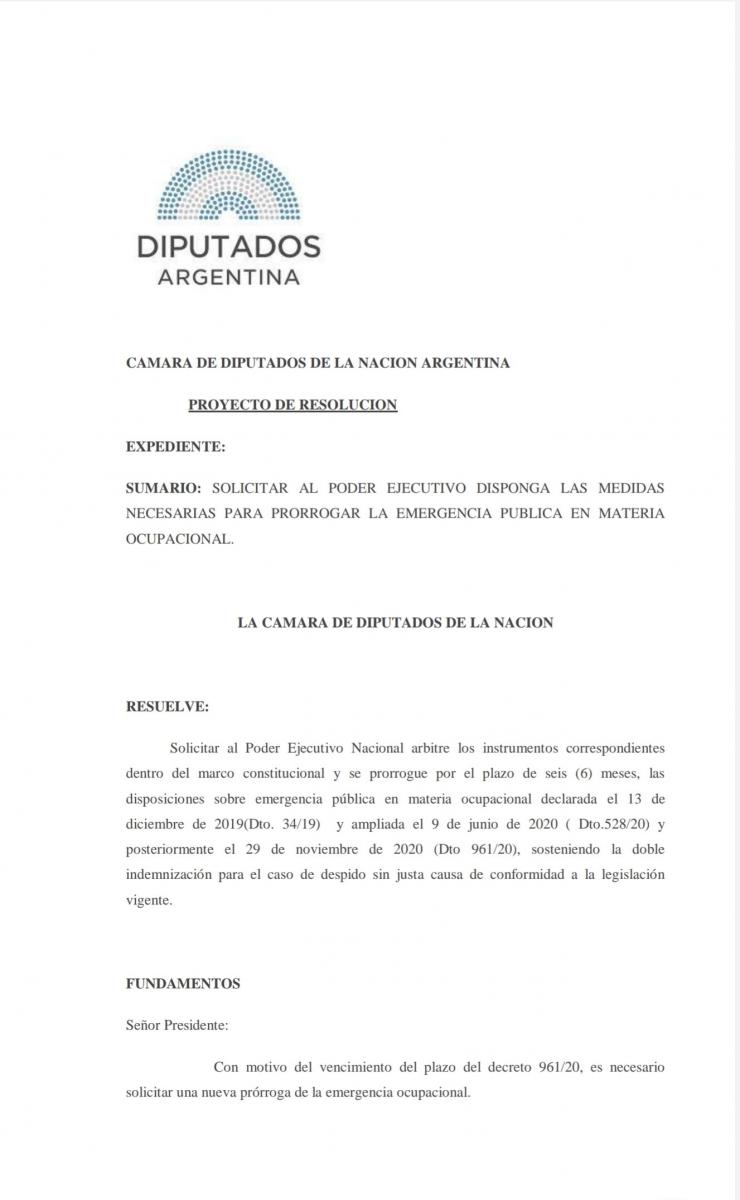 Con un proyecto, Leito le pide al Presidente que extienda la emergencia ocupacional por seis meses