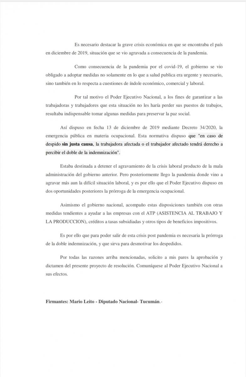 Con un proyecto, Leito le pide al Presidente que extienda la emergencia ocupacional por seis meses