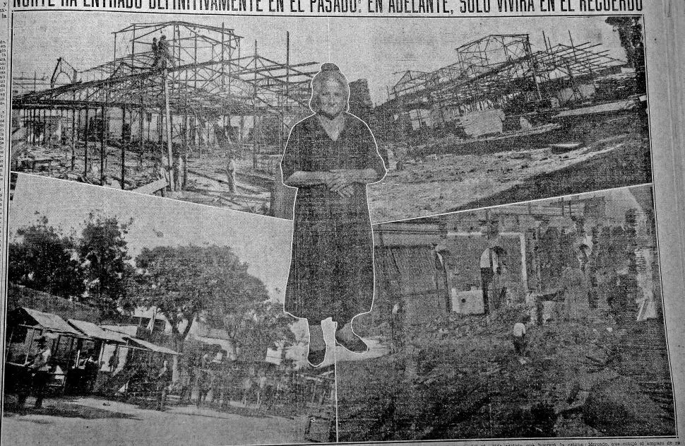 REMODELACIÓN. El fotomontaje muestra los trabajos de demolición previos para realizar la construcción de la nueva estructura del mercado. En el centro una mujer que conoció la vieja estructura.  