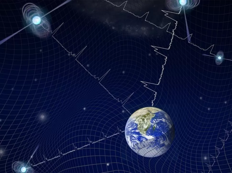 GRÁFICO. La luz de un púlsar viaja a la Tierra en medio de un mar de ondas. 