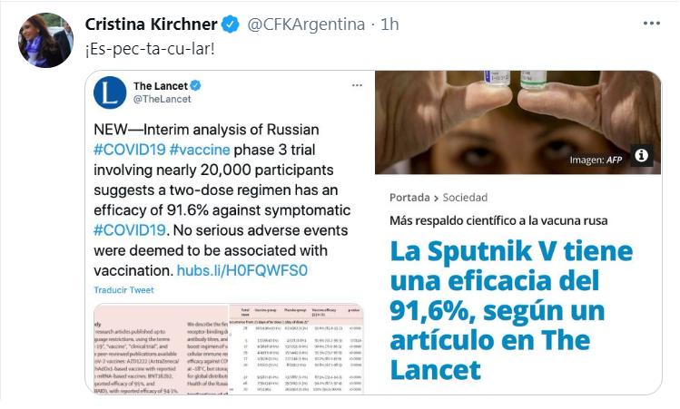 Cristina aprovechó el estudio sobre la eficacia de la  vacuna rusa para hacer declaraciones
