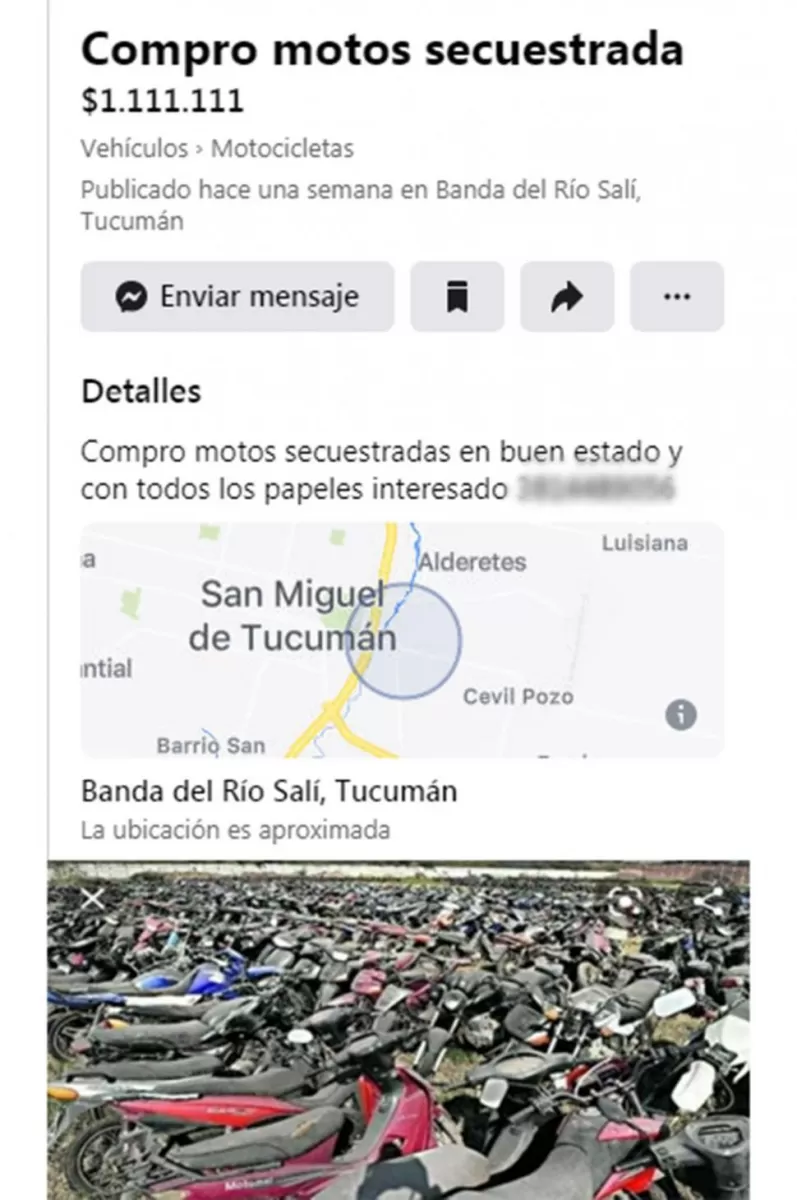 PRUEBA I. Una usuario de Facebook ofrece comprar motos secuestradas usando la imagen de un depósito oficial.