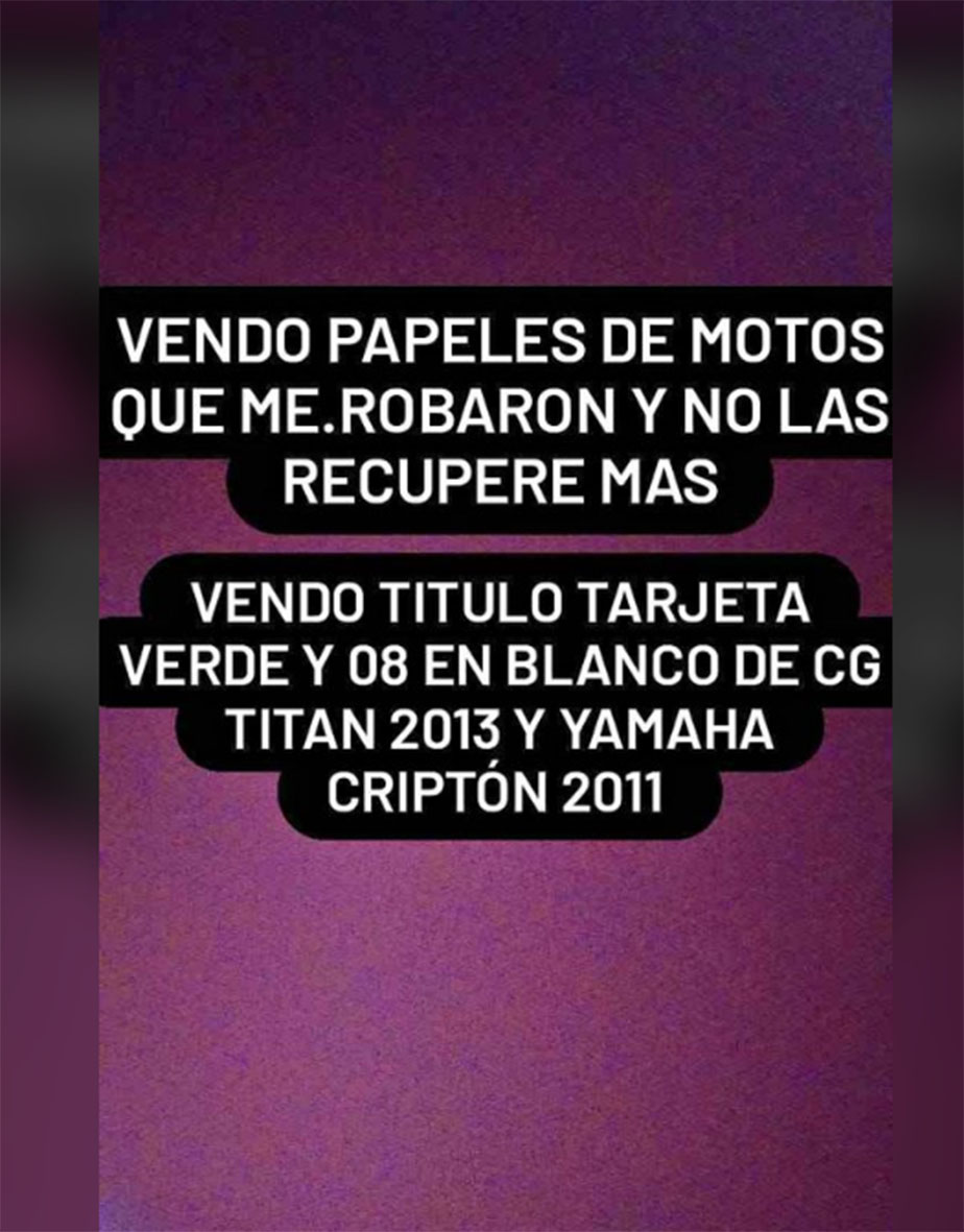 PRUEBAS II. Un desconocido oferta documentación de motos que, según aclara en la publicación, le robaron y que nunca más la pudo recuperar.
