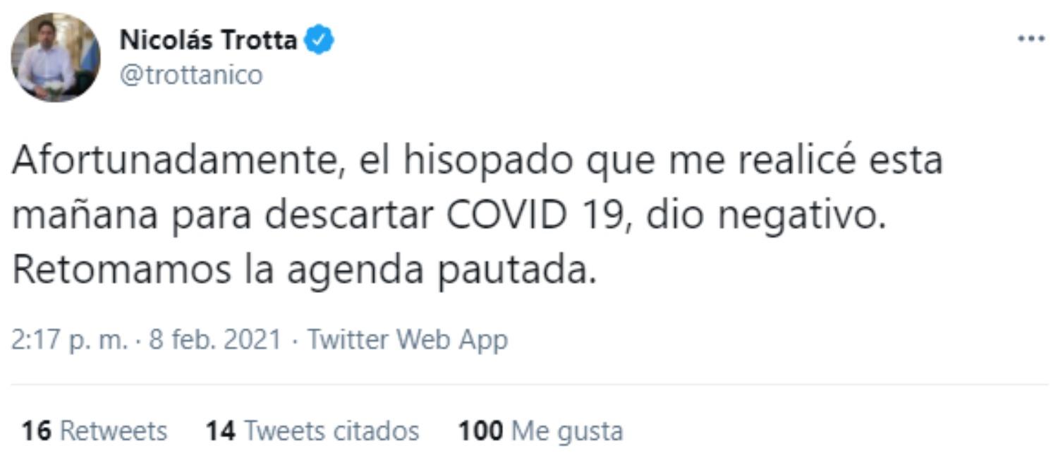 Nicolás Trotta confirmó que le dio negativo el hisopado por coronavirus