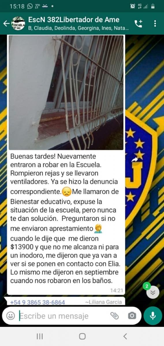 ESCUELA N° 382 “Libertador de América” de Río Chico, Aguilares. Los directivos avisan por las redes la situación de la escuela y  la falta de atención del Ministerio de Educación.