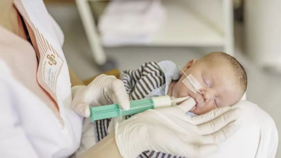NO SABE CHUPAR. Este bebé recibe la leche por sonda y estimulación en la boca, para que aprenda succionar, y así poder pasar a la teta.  