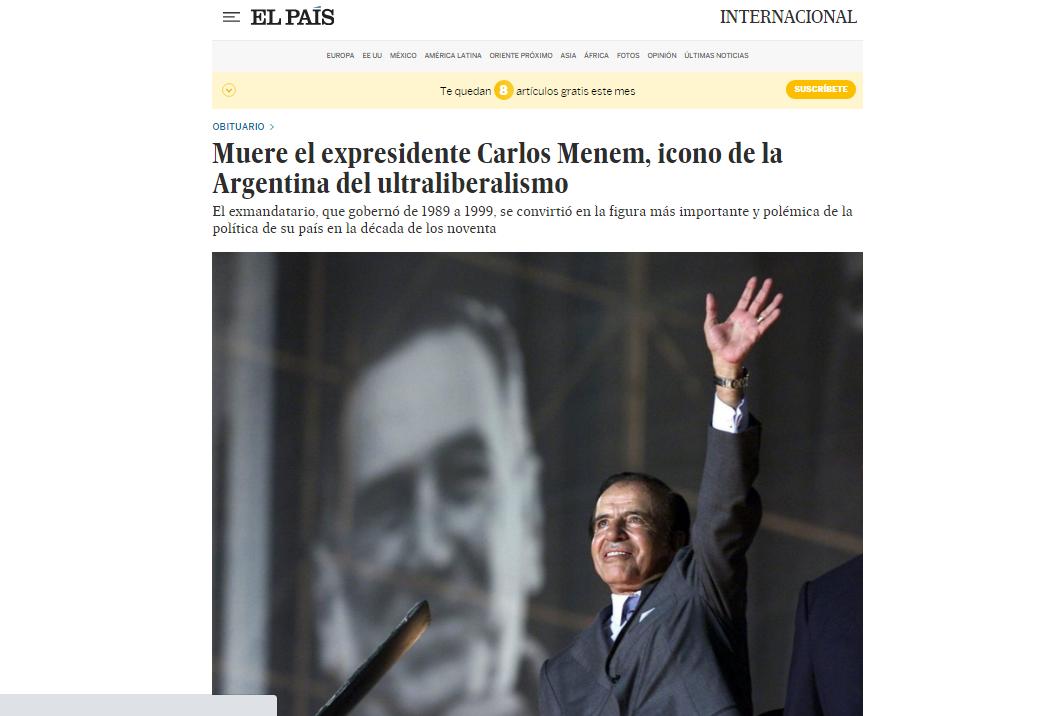 Los principales diarios del mundo se hacen eco de la muerte de Carlos Menem