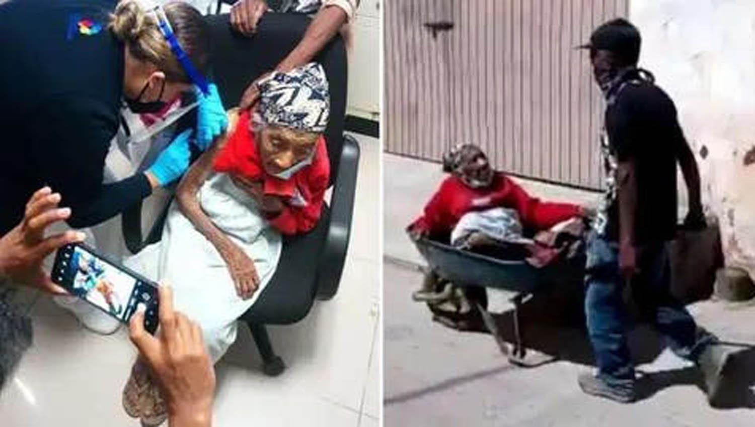 Un mexicano llevó a vacunar a su madre de 100 años arriba de una carretilla