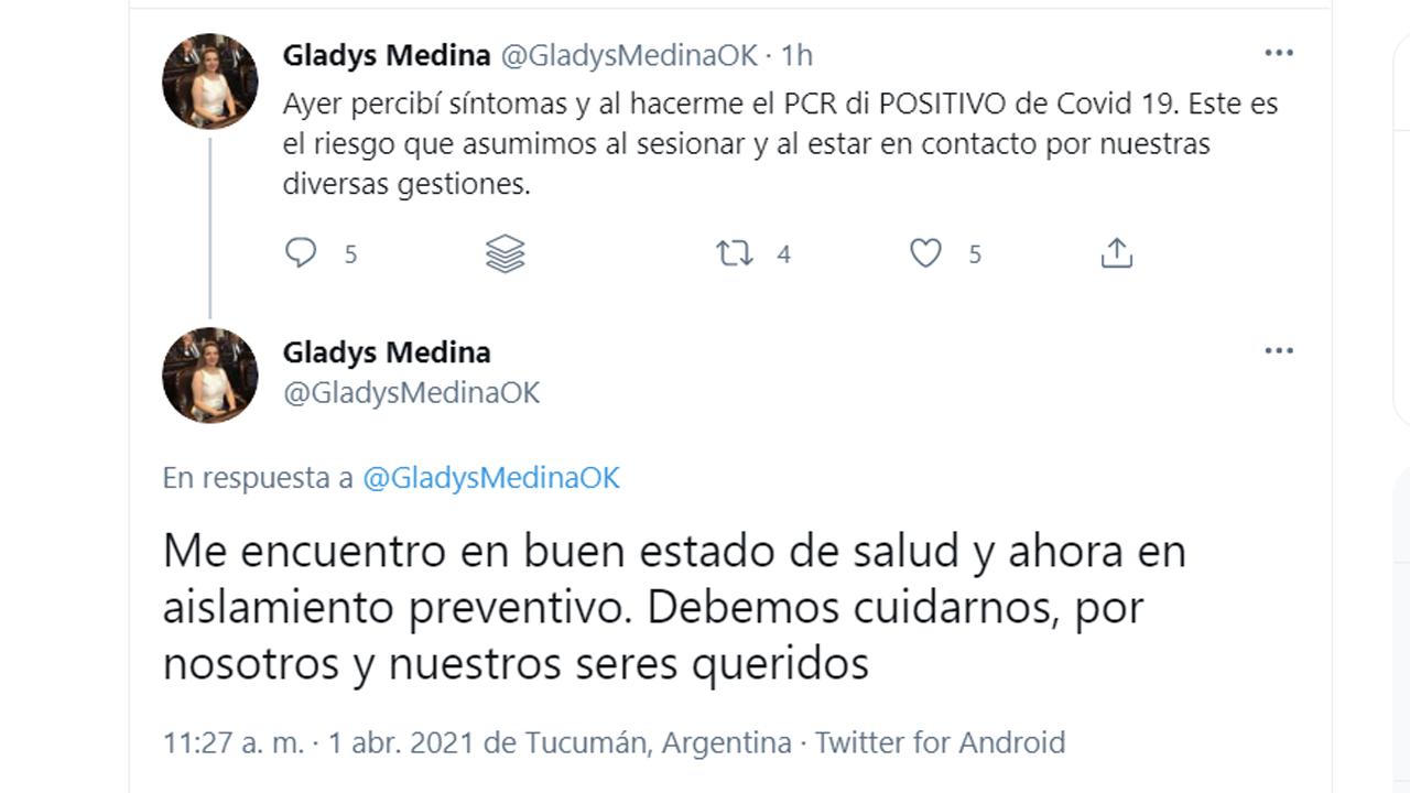 La diputada Gladys Medina tiene covid-19 y permanece aislada con su familia en Tucumán