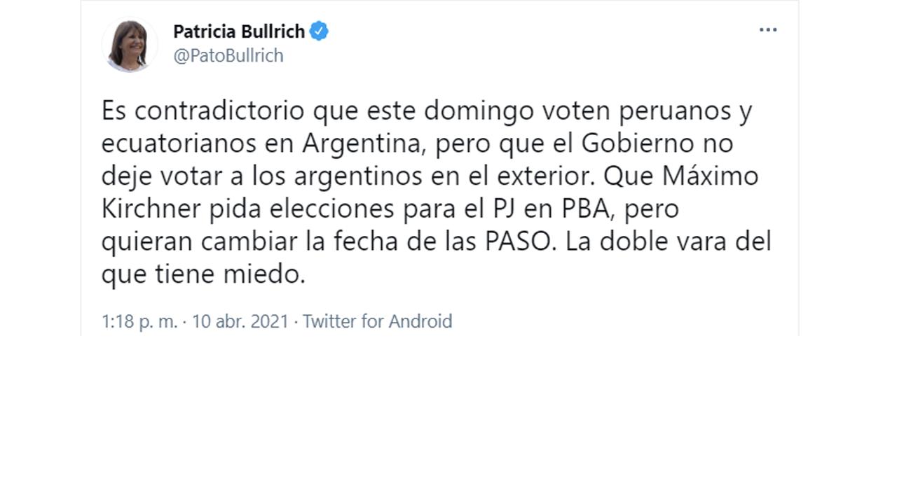 El Gobierno nacional quiere postergar las PASO porque tiene miedo, según Bullrich