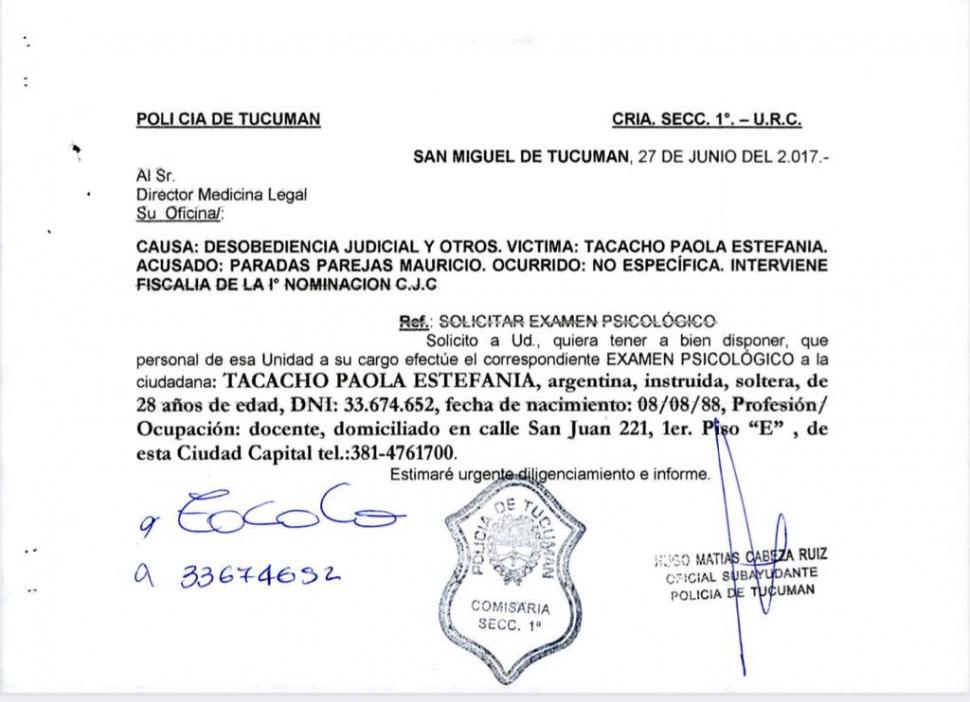 LA PETICIÓN DE EXAMEN PSICOLÓGICO PARA LA VÍCTIMA. La solicitud policial firmada también por Tacacho.  