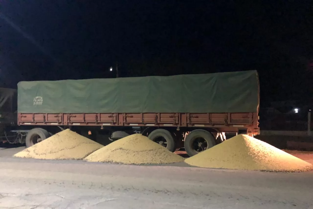 CONSECUENCIAS DE UN ATAQUE. Los granos quedaron desparramados junto al camión de carga. Foto Prensa Apronor