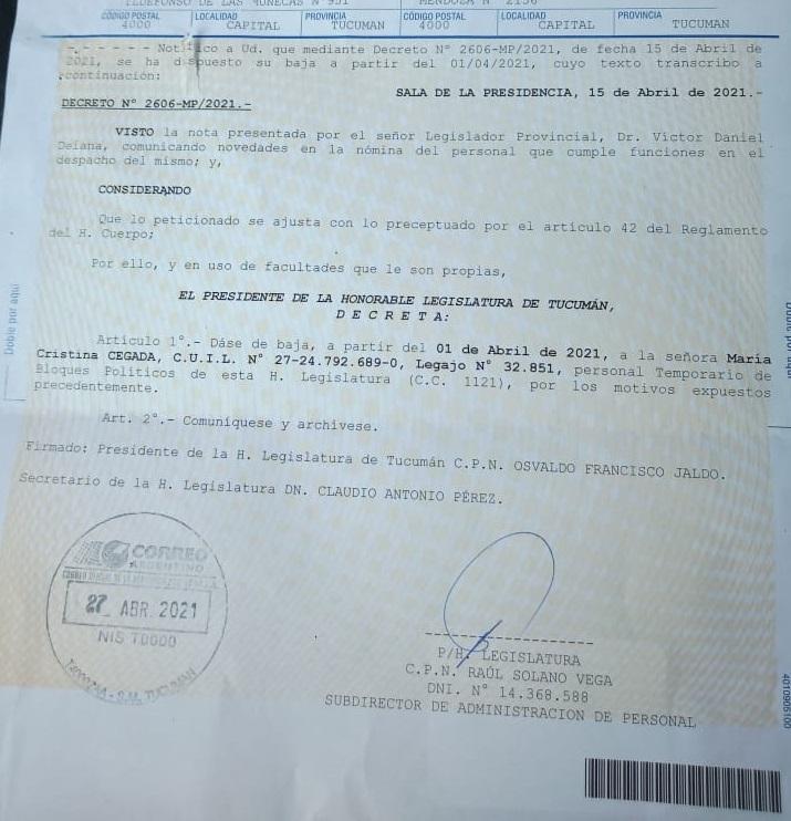 CARTA DOCUMENTO. La nota fue dada a conocer por la denunciante.