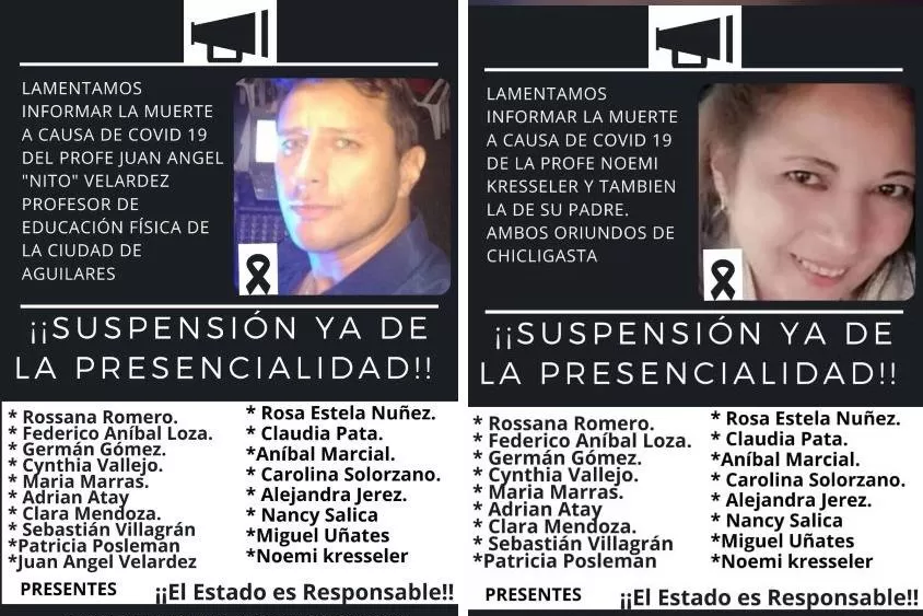 Dolor por la muerte de dos maestros: docentes autoconvocados piden la suspensión de la presencialidad