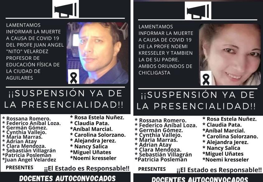 Dolor por la muerte de dos maestros: docentes autoconvocados piden la suspensión de la presencialidad