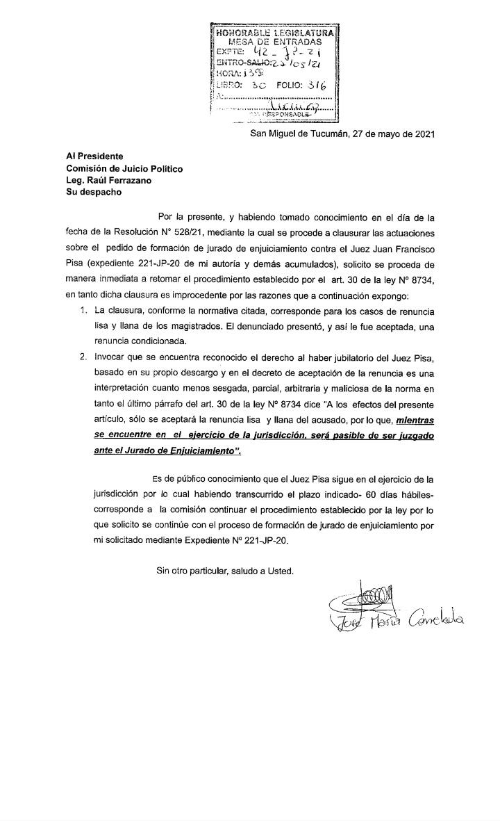 Un legislador pide que se reactive el proceso de remoción contra Pisa por el caso Tacacho