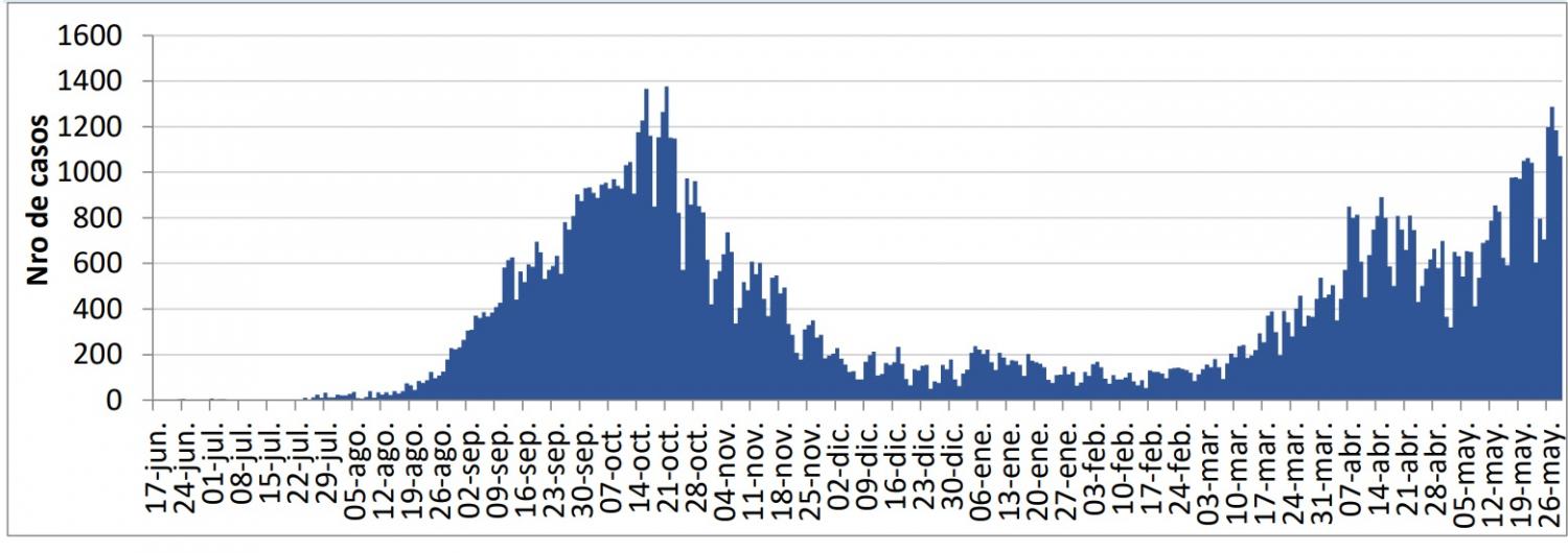 EN TUCUMÁN. Curva epidémica de casos confirmados de covid-19, según fecha notificación, desde septiembre de 2020 hasta el 29 de mayo de 2021 (Datos de la Dirección de Epidemiología)